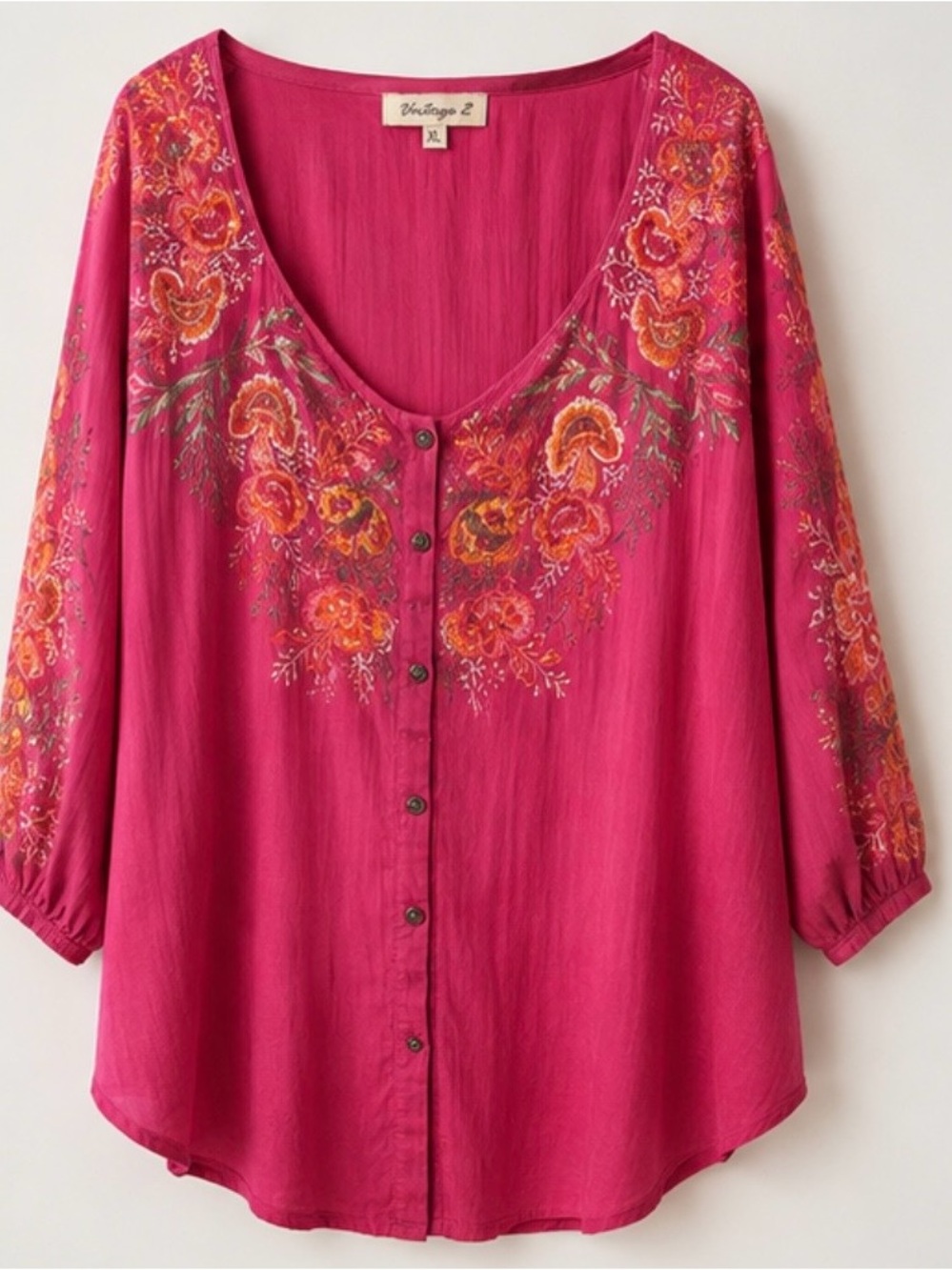 Vintage Button-Front Fuchsia Embroidered Peasant Blouse